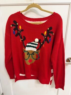 It's Our Time Red Reindeer Crewneck Sweater with Pom Accent